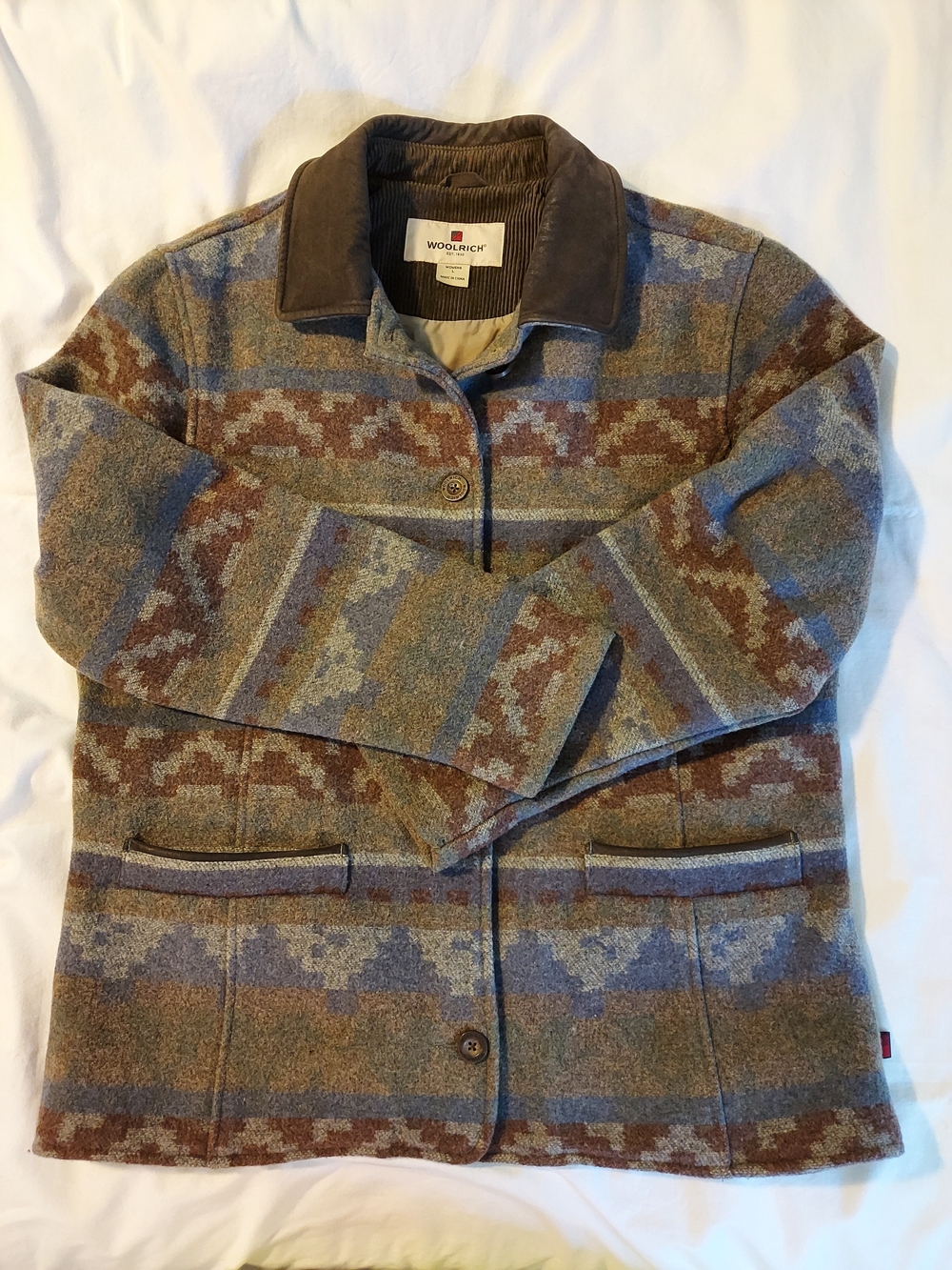 VTG Woolrich Aztec Southwestern Wool Blanket Jacket Suede Collar Lined - Picture 9 of 9